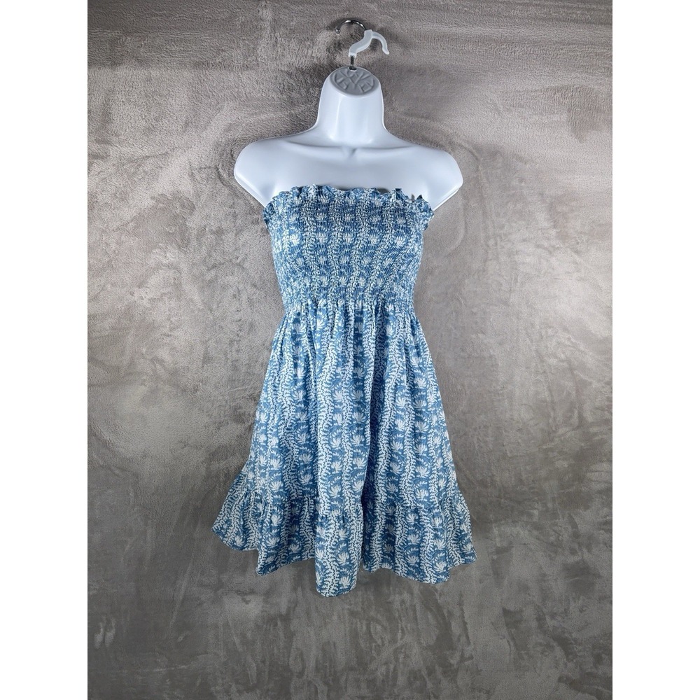 Hill House The Nap Dress Womens Size XS Blue Floral Smocked Strapless Mini